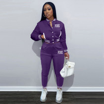 SC Pink Letter Print Single-breasted Baseball Jacket And Pant Two Piece Set YIM-289