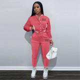 SC Pink Letter Print Single-breasted Baseball Jacket And Pant Two Piece Set YIM-289