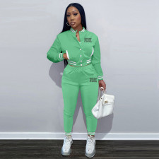 SC Pink Letter Print Single-breasted Baseball Jacket And Pant Two Piece Set YIM-289