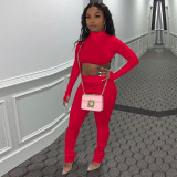 SC Solid Color Crop Tops And Ruched Pant Two Piece Set TE-4504