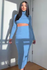 SC Solid High Collar Crop Tops And Long Skirt Two Piece Set ME-8256