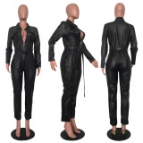 SC Plus Size PU Leather Long Sleeve Slim Jumpsuit OD-8316