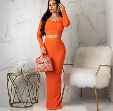 SC Plus Size Solid Color Crop Tops And Long Skirt Two Piece Set OM-1515