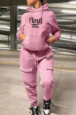SC Plus Size PINK Letter Print Hooded Sweatshirt And Pant Sport Suit WAF-775152