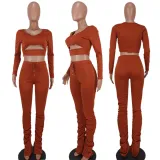 SC Solid Hollow Out Crop Tops And Ruched Pant 2 Piece Set YD-1094