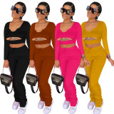 SC Solid Hollow Out Crop Tops And Ruched Pant 2 Piece Set YD-1094