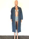 SC Fashion Loose Single Breasted Denim Long Coat(With Waist Belt) LA-3326
