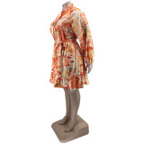 SC Plus Size Long Sleeve Sashes Print Dress OSIF-22508