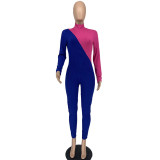 SC Plus Size Fashion Color Blocking Zipper Slim Jumpsuit AMLF-3043