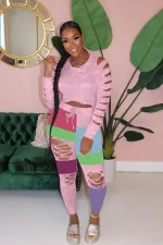SC Fashon Painted Patchwork Holes Two Piece Pant Set LSD-8794