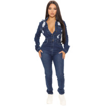 SC Fashion Long Sleeve Holes Denim Jumpsuit LA-3325