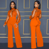 SC Solid Hollow Out See Through Tie Up Jumpsuit BY-6053