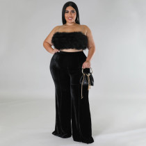 SC Plus Size Solid Color Velvet High Waist Flare Pant NNWF-7775