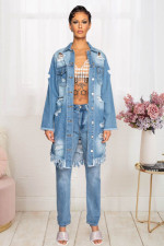 SC Plus Size Fashion Holes Tassel Long Sleeve Denim Coat LX-3540