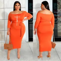 SC Plus Size Letter Print One Shoulder Tie Up Midi Dress XHSY-19514