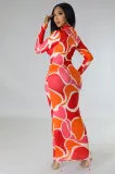 SC Casual Print Lapel Long Sleeve Slim Maxi Dress XHXF-340
