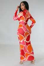SC Casual Print Lapel Long Sleeve Slim Maxi Dress XHXF-340