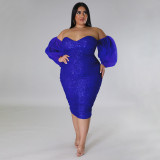 SC Plus Size Sexy Sequin Tube Tops Mesh Sleeve Evening Dress NNWF-7764