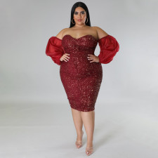 SC Plus Size Sexy Sequin Tube Tops Mesh Sleeve Evening Dress NNWF-7764