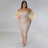 SC Plus Size Sexy Sequin Tube Tops Mesh Sleeve Evening Dress NNWF-7764