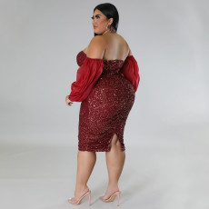 SC Plus Size Sexy Sequin Tube Tops Mesh Sleeve Evening Dress NNWF-7764