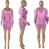 SC Solid Color Hooded Coat And Sleeveless Dress 2 Piece Set NYMF-Y5045