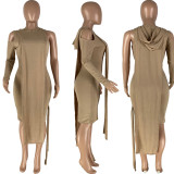 SC Solid Single Shoulder Irregular Hooded Pullover And Midi Dress Suit NYMF-6004