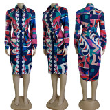 SC Long Sleeve Print Slim Shirt Dress(With Waist Belt) GYSF-7147