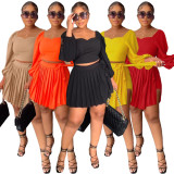 SC Puff Sleeve Tops And Tie Up Pleated Skirt 2 Piece Set MIL-L391
