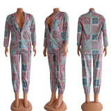 SC Fashion Print V-neck Coat+Pants Two-piece Set GYSF-6543