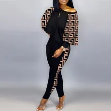 SC Plus Size Patchwork Long Sleeve Two Piece Pant Set NY-2653