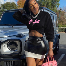 SC Letter Print Sweatshirt And Splicing Leather Skirt 2 Piece Set XHSY-19532