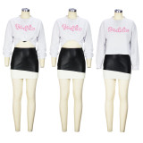 SC Letter Print Sweatshirt And Splicing Leather Skirt 2 Piece Set XHSY-19532