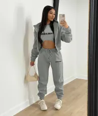 SC Plush Letter Print Hooded Sweatshirt Three Piece Pant Set TK-6269