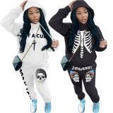 SC Skull Print Long Sleeve Hooded Two Piece Set MUKF-100