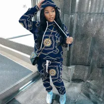 SC Plus Size Casual Print Hooded Sweatshirt Slim Two Piece Pants Set NY-10368