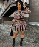 SC Long Sleeve Print Crop Tops And Pleated Skirt 2 Piece Set QCRF-8252