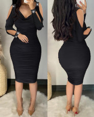 SC V-neck Hot Drill Solid Color Midi Dress LS-0385