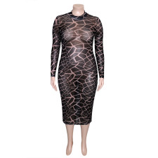 SC Plus Size Printed Mesh Round Neck Long Sleeve Midi Dress SH-390449