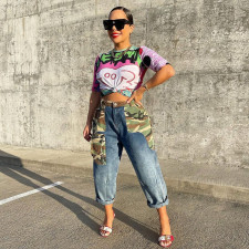 SC Camouflage Patchwork Straight-leg Jeans GBTF-9137