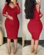 SC V-neck Hot Drill Solid Color Midi Dress LS-0385