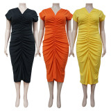 SC Plus Size Solid Color V-neck Ruched Midi Dress NNWF-3069