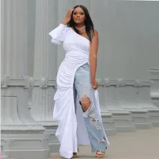 SC Plus Size Side Slit Slant Shoulder Single Sleeve Long Top NY-10358