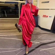 SC Plus Size Deep V Pleated Long Sleeve Maxi Dress NY-10371