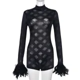 SC Long Sleeve Patchwork Feather Mesh Jumpsuit GBTF-6905