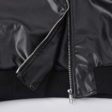 SC PU Leather Contrast Color Splicing Zipper Short Jacket GBTF-7307