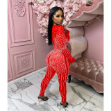 SC Mesh Hot Drill Long Sleeve Feather Jumpsuit BY-6200