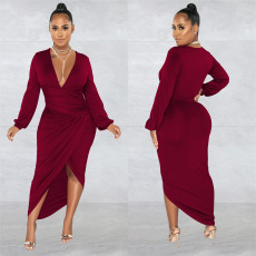 SC Solid Long Sleeve Ruched Irregular Dress BY-6187