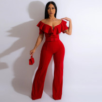 SC Ruffles V Neck Short Sleeve Jumpsuit With Waist Belt YF-10390