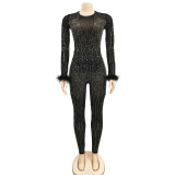 SC Mesh Hot Drill Long Sleeve Feather Jumpsuit BY-6200